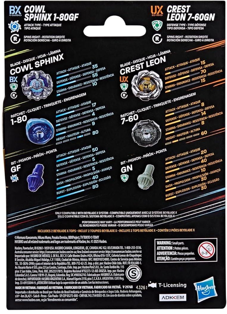 Beyblade X - Dual Pack - Cowl Sphinx 1-80GF BX (Attack Type) / Crest Leon 7-60GN UX (Defense Type)